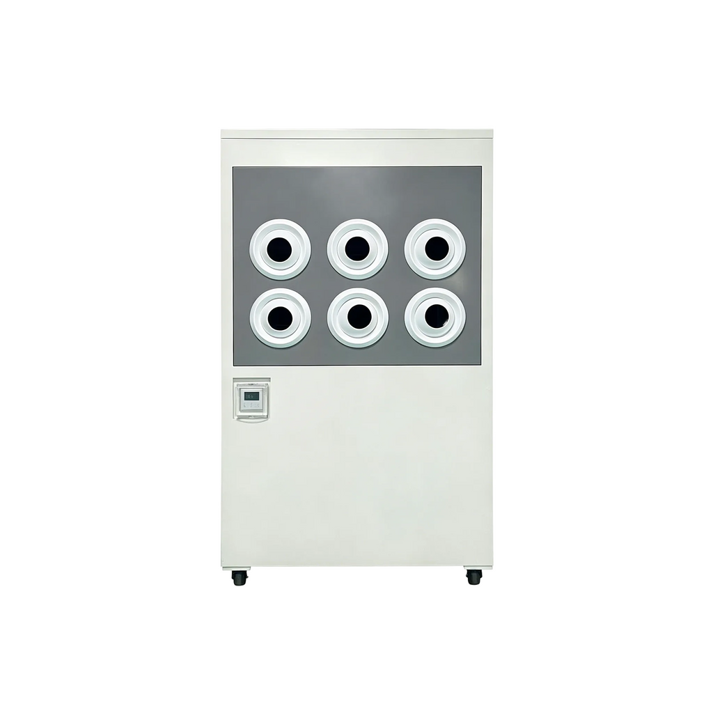 White industrial machine with six circular vents on a white background