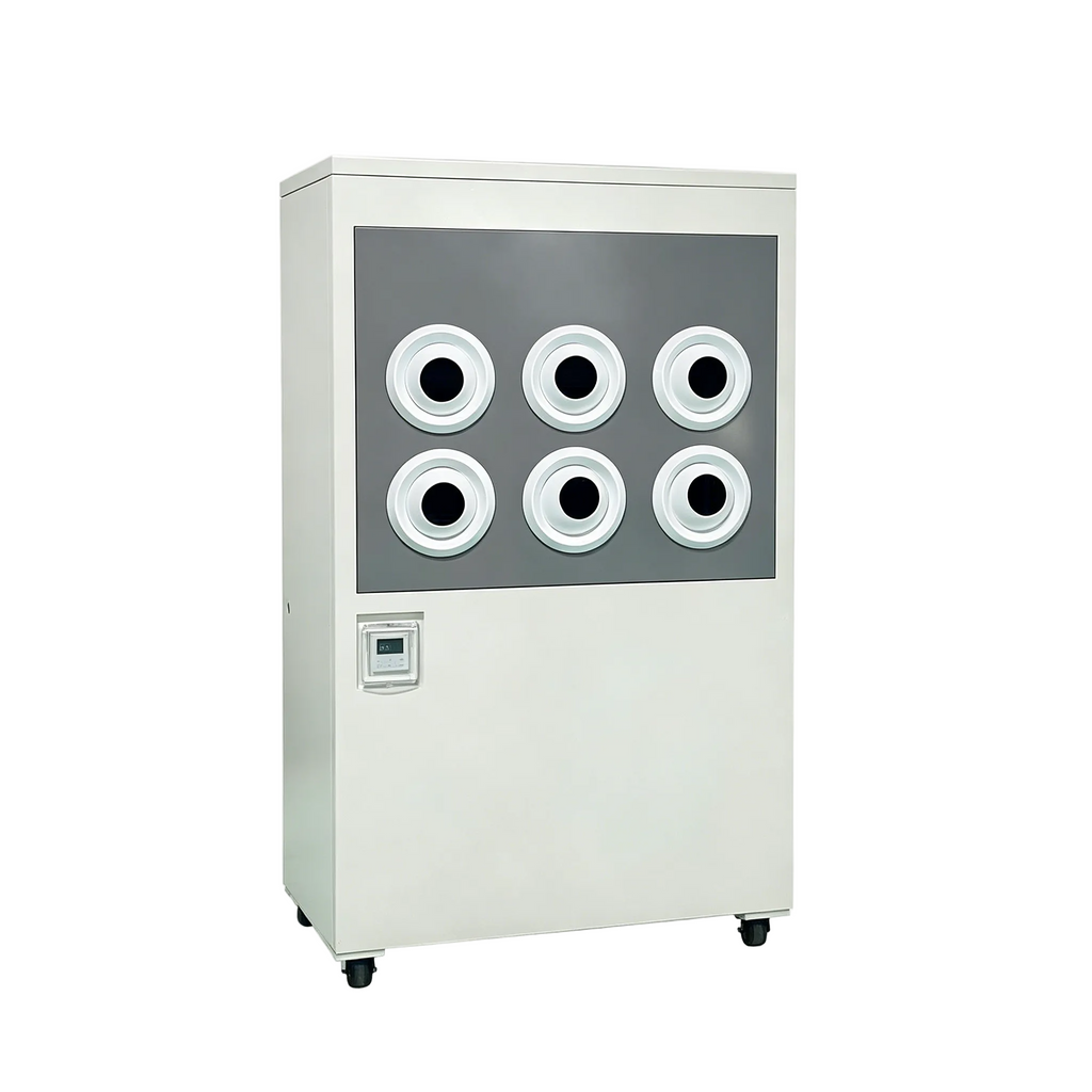 White cabinet with six circular black ports on a white background